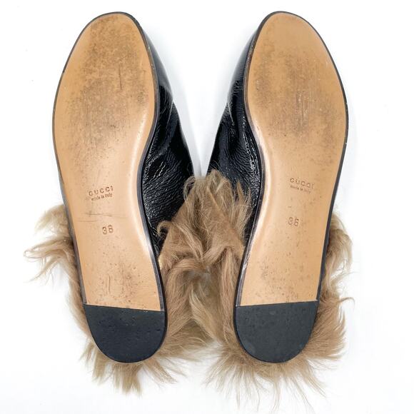 Gucci Princetown Fur Loafer Mules Flat Black Patent Leather Horsebit Sz 36 / 6 - Picture 7 of 7